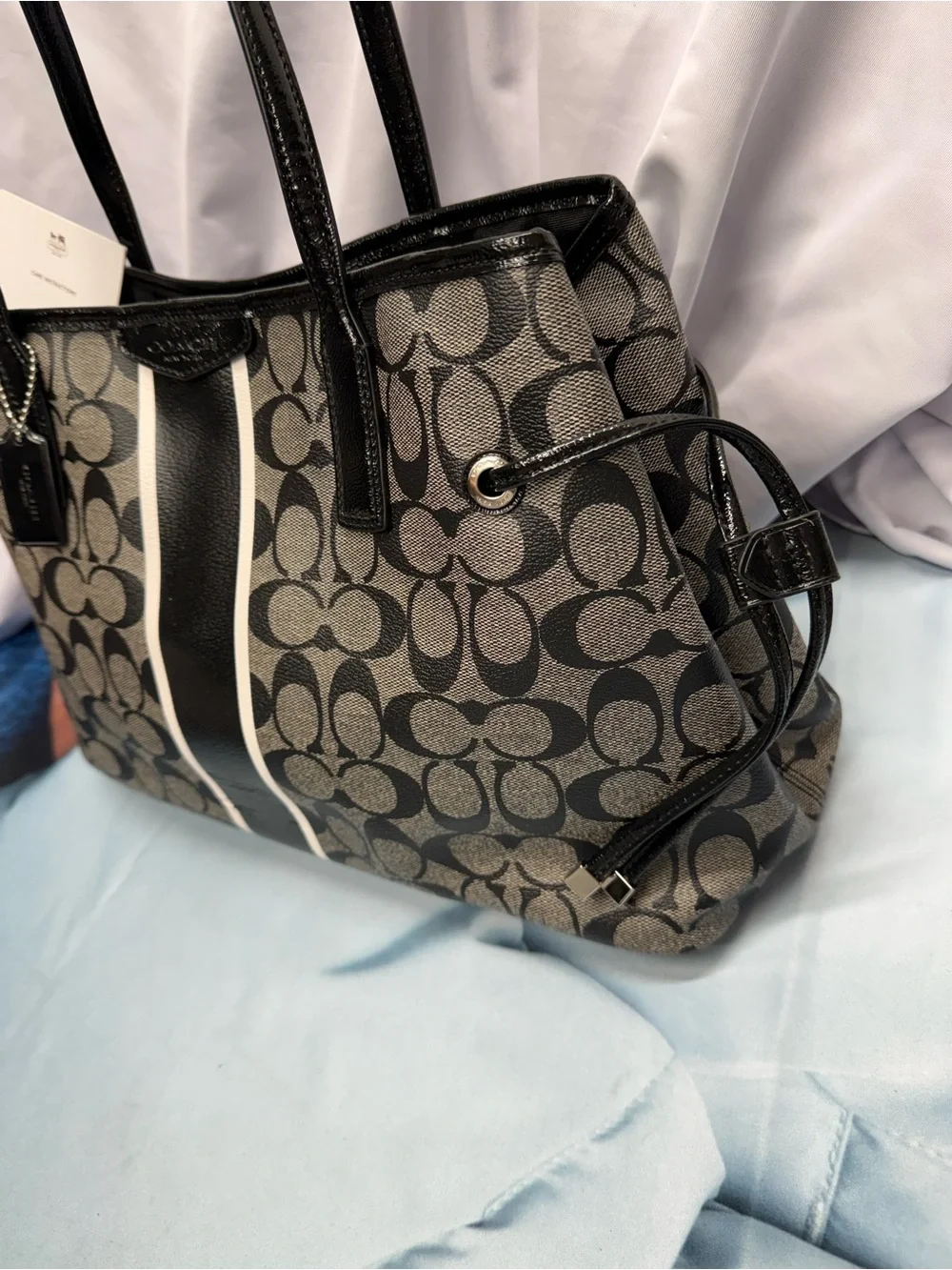 (new+tag) Coach Signature Drawstring Monogram Tote with Black Varsity Stripe
